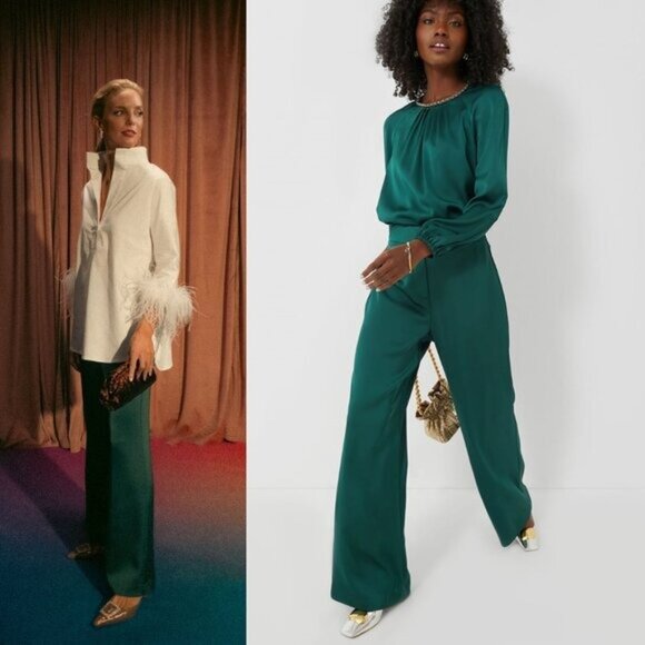 Tuckernuck NEW Rainforest Green Erin Satin Wide Leg Trouser High Rise Pants S - Picture 4 of 12